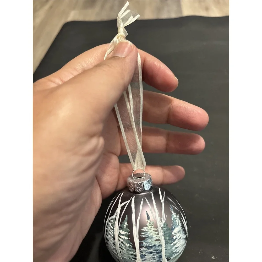 Hand Painted Glass Ball Christmas Ornament Winter Snowy Forest Trees Matte Gray